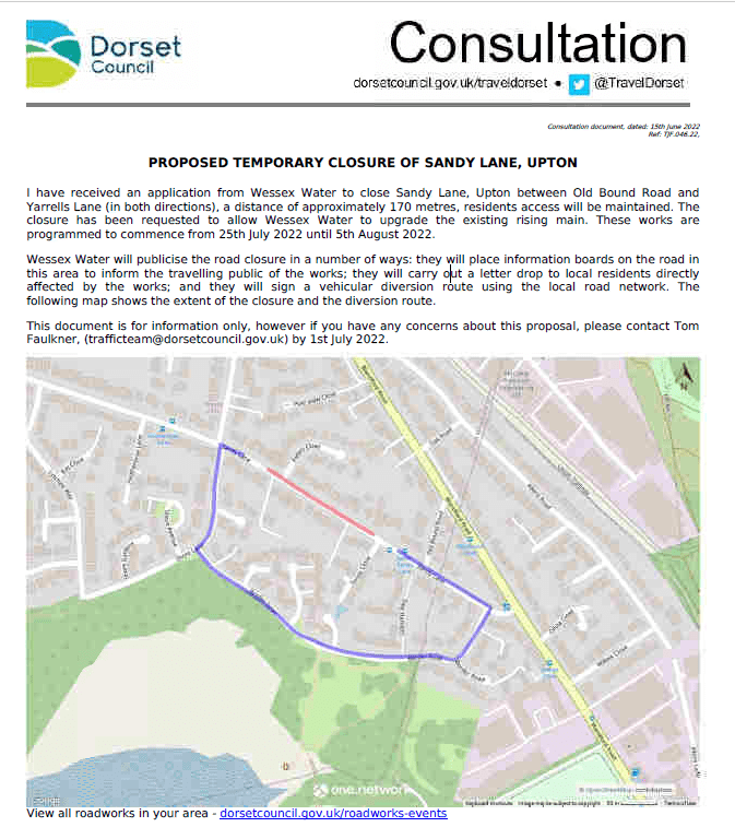 Proposed Temporary Closure of Sandy Lane, Upton Lytchett, Minster & Upton Town Council